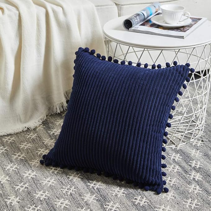 Fancy Homi Pack of 2 Corduroy Soft Decorative Throw Pillow Covers with Pom-poms, Solid Square Cushion Case Pillow Cases Set for Couch Sofa Bedroom Car Living Room (20x20 Inch/50x50 cm, Navy Blue)