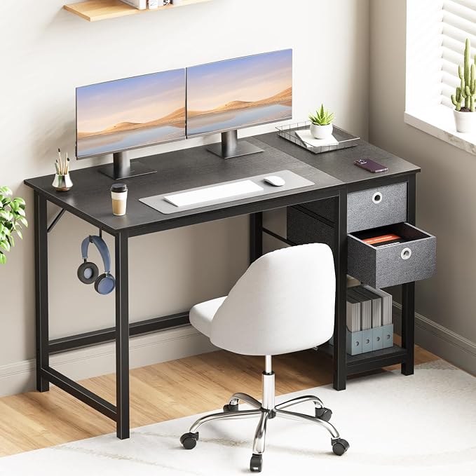 Sweetcrispy 40-Inch Computer Desk with Drawers, Office Desk, Black | Small Desk for Bedroom Home Office with Side Hook, Modern Simple desk with storage for Writing