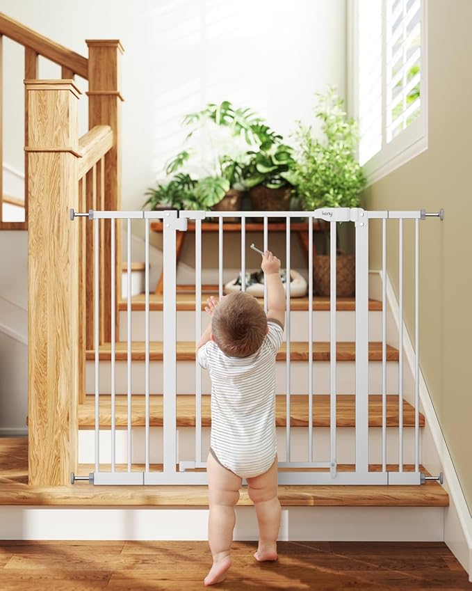 keny 29"-42.5" Baby Gate for Stairs, Auto Close Safety Dog Gate, Pressure Mounted Easy Walk Through Pet Gate for Doorways, Durable Stair Gate, 30" Tall, White