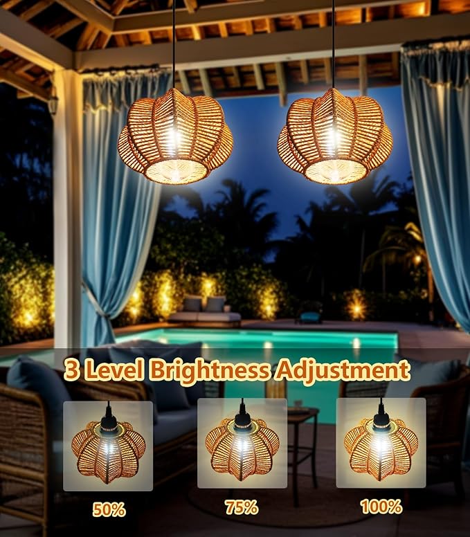 Battery Operated Chandelier Outdoor Waterproof, Gazebo Lights Battery Powered, Boho Rattan Hanging Pendant Light for Porch, Patio, Pergola, Garden, Balcony (2 Pack)
