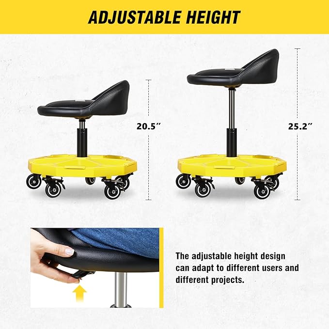DNA Motoring 350 LBS Rolling Garage Stool, 20.5'' to 25.2'' Adjustable Height Foam-pad Seat, Round Tools Stool, Heavy Duty 3'' Wheels with 2 Brakes, TOOLS-00431