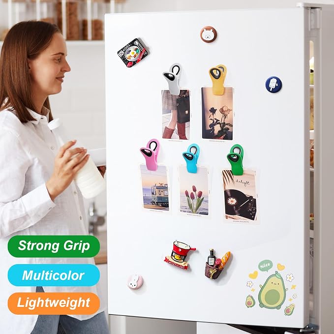 12 Pack Chip Clips, Plastic Magnetic Bag Clips for Food, Clip | Built-in magnets keep notes visible on the fridge, bag clips seal snacks and bread, while food clips suit freezer packages