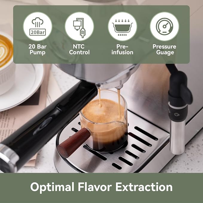 Gevi 20 Bar Espresso Machine with Milk Frother,Compatible with Pods&Ground | Compatible with Nespresso Pods&Ground; Built-in pressure gauge; Removable Water Tank; Make Americanos、Latte; Easy to Clean;