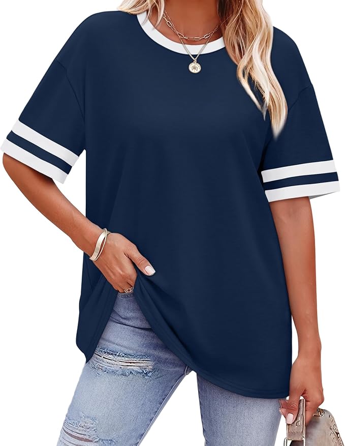 WIHOLL Womens T Shirts Loose Fit Short Sleeve Tees Crew Neck Color Block Summer Tops 2026 Fashion