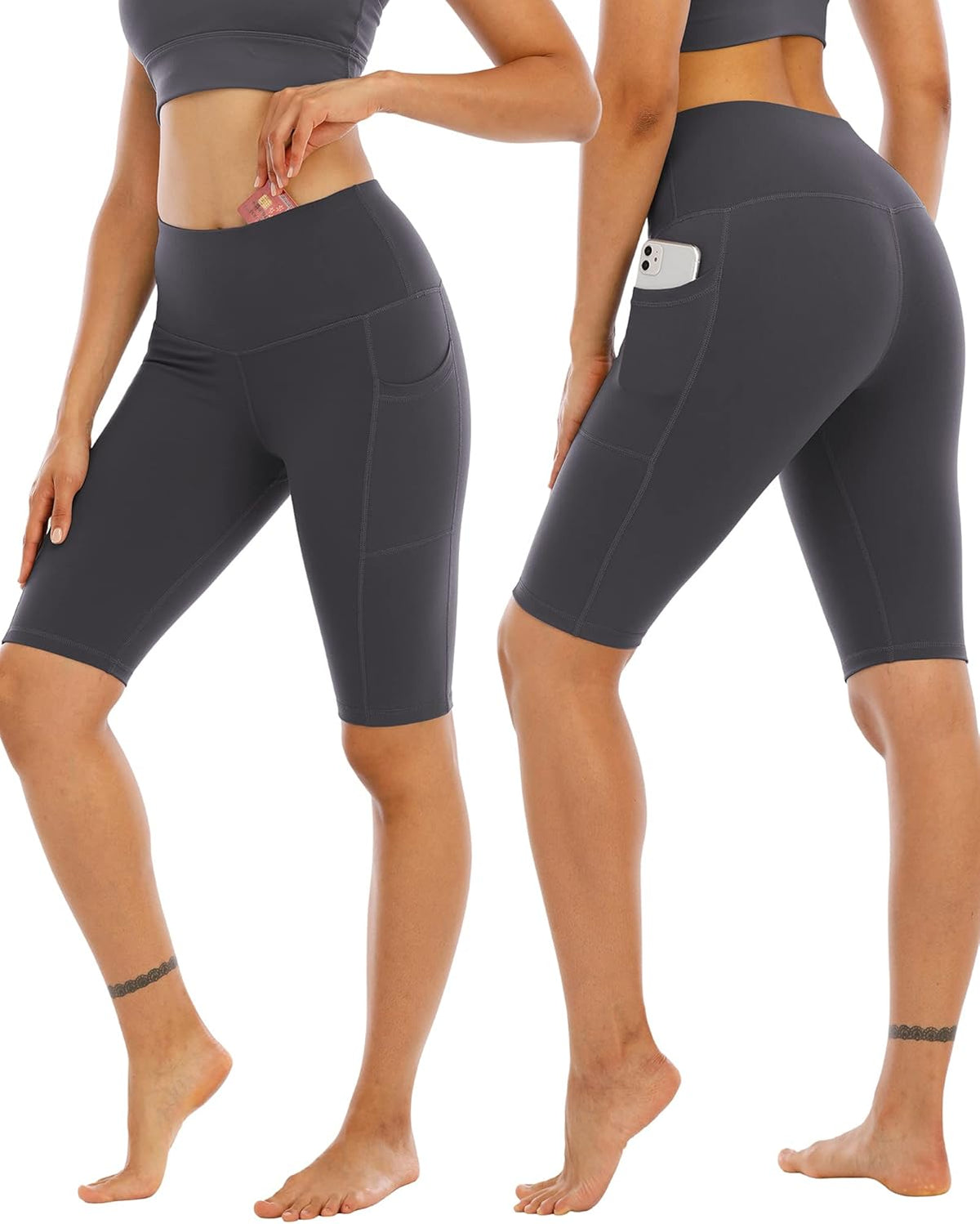 WHOUARE Biker Yoga Shorts - High Waisted with Pockets for Women | 4 Pack Tummy Control Workout Shorts