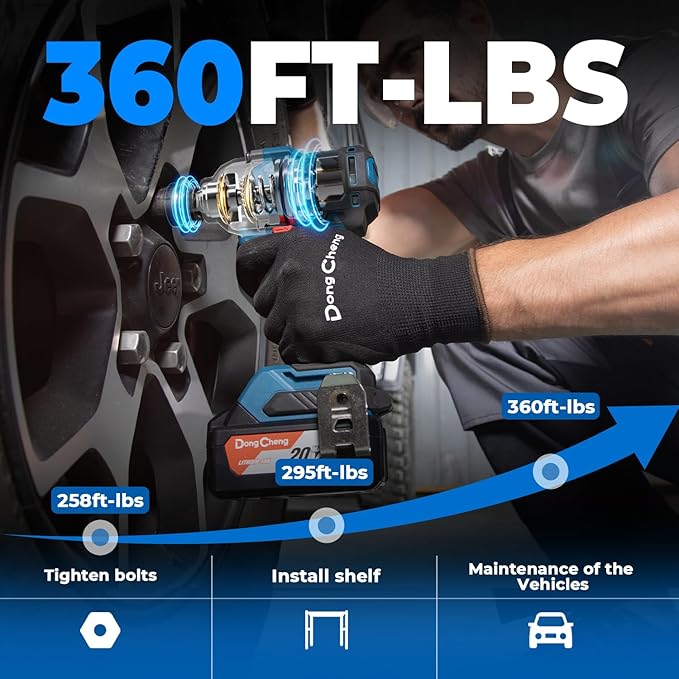 Dong Cheng 20V Brushless Impact Wrench, Max Torque 360 ft-lbs (488N.m), 1/2" with 3 Mode Speed, 2400 RPM Cordless Impact Gun, Includes 2 * 4.0Ah Battery and Charger, 4 Impact Sockets and Kit Bag