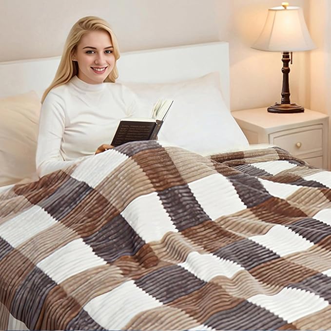 PU MEI Sherpa Blanket Full/Queen Plaid Thick Bed Blanket, 90”*80” Super Soft Flannel Fuzzy Fleece Reversible Velvet Plush Warm Blanket for Couch(Beige Check, 80"*90")