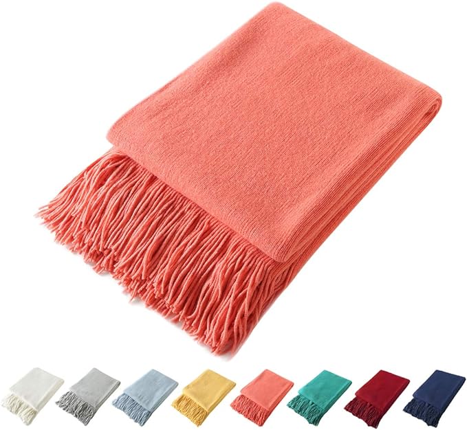 Homiest Orange Knitted Throw Blanket with Fringe, 50x60 Inch | Pure Acrylic, Lightweight & Breathable, All-Season Use, Machine Washable, Wrinkle & Fade Resistant, for Couch Sofa And Bed