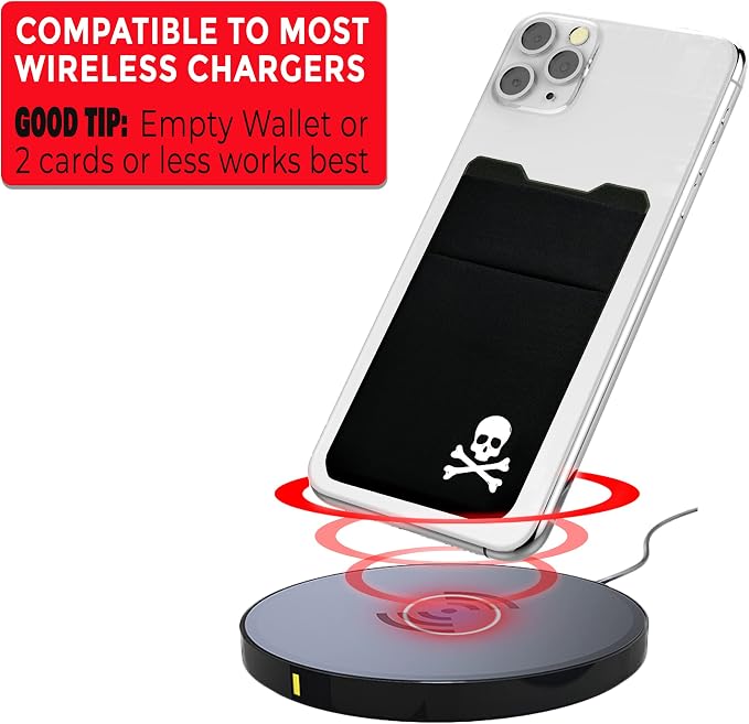 Gecko Travel Tech Double Pocket - Adhesive Card Holder - Cell Phone Pouch - Stick on Spandex Pocket - Carry Credit Cards and Cash - Skull