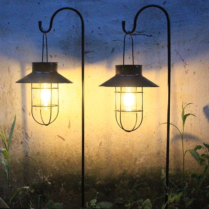 Solar Lantern 2pack Outdoor Hanging Light- Waterproof Vintage Metal Light with Shepherd Hook Decorative for Patio, Backyard, Porch, Yard (Black)