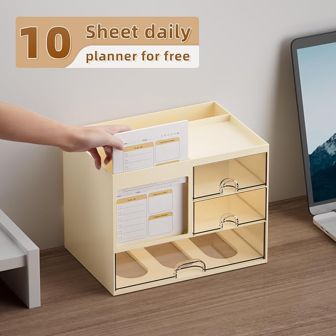 Marbrasse Desk Organizer with 3 Drawer, Multi-Functional Pencil Pen Holder for Desk, Desktop Organizer Storage for Office Home Art Supplies (Beige)