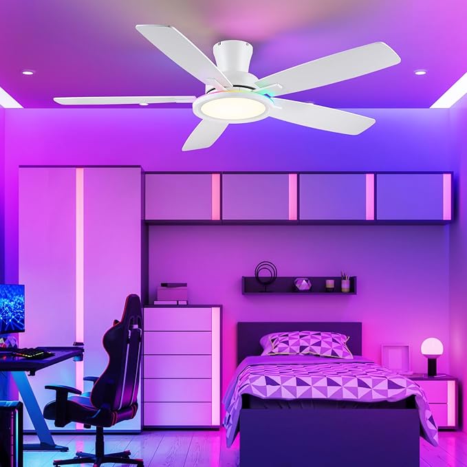 Flush Mount RGB Ceiling Fan with RGB Light - 52In White Ceiling Fan Light with Reversible Mute Motor, 3CCT LED Dimmable, Low Profile Modern Ceiling Fans for Indoor, Party, Living Room