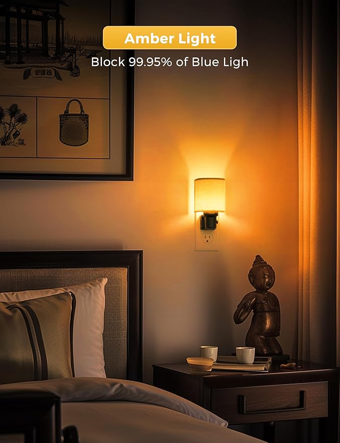 L LOHAS LED Amber Night Lights Plug into Wall, Plug in Night Light Dimmable, Farmhouse Decorative Nightlights Plug in Wall, Light Sensor, Linen Fabric Yellow Nightlight for Bedroom Hallway, 2 Pack