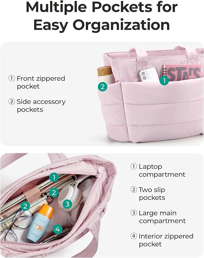 BAGSMART Tote Bag for Women, Lightweight Puffy Tote Bag with Compartments Shoulder Bag Handbag for Travel, Work, Gym | Lightweight