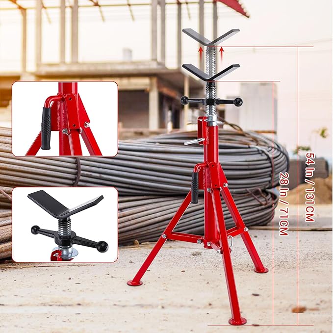 V Head Pipe Jack Stand Robust Steel Heavy-Duty Construction | 28-52 Inch Adjustable Height | 2500 Lb Load Capacity | with Portable Folding Legs | Ideal for Welding, Automotive, Construction Projects
