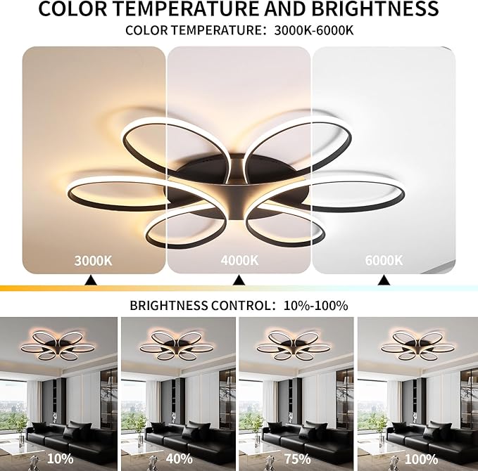 Modern LED Ceiling Light Fixture Black Flush Mount Ceiling Lamp with Remote Control Dimmable 6 Rings Flower Shaped Ideal for Living Room Bedroom Dining Room Kitchen(75CM/29.5IN)