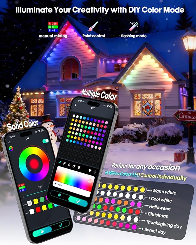 Permanent Outdoor Lights 50Ft 30LEDs, Smart RGB-IC Year Round Eave Deck Fence Outside Lights with Remote & App Control, Multicolor & White Individual DIY LED Christmas Holiday Decor