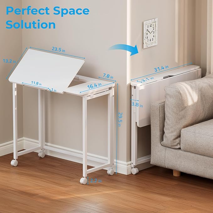 GreenForest Portable Folding Desk with Wheels, 31.5 inch Adjustable Tilt | Drafting Table Workstation for Small Spaces, Home Office, Drawing & Craft Projects，White