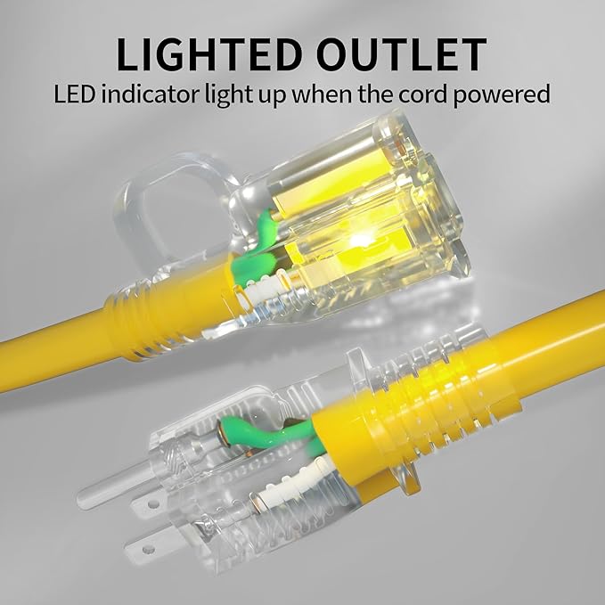 POWGRN 100 ft 12/3 Outdoor Extension Cord Waterproof Heavy Duty with Lighted Indicator End 12 Gauge 3 Prong, Flexible Cold-Resistant Long Power Cord Outside, 15Amp 1875W SJTW Yellow ETL Listed