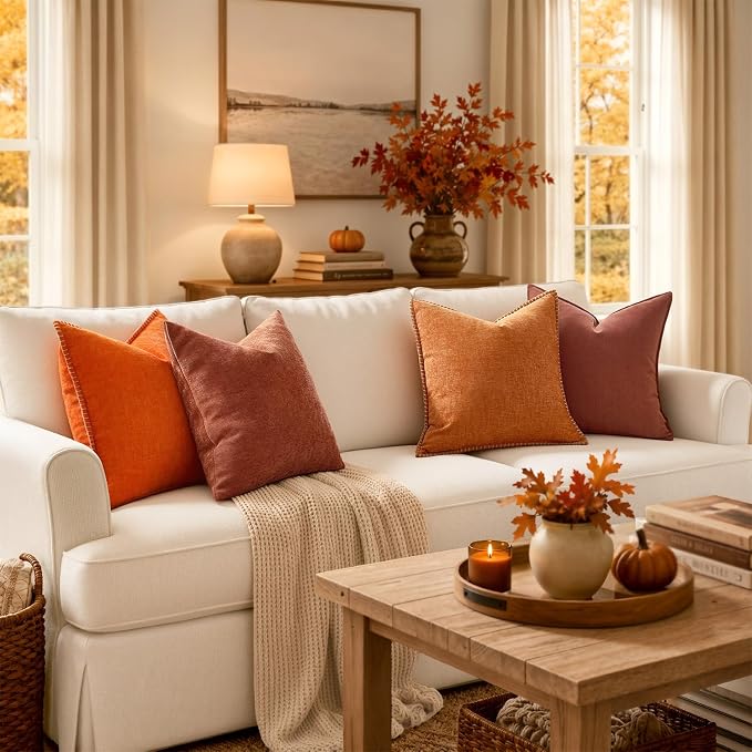 MIULEE Pack of 2 Fall Rust Euro Shams Chenille Pillow Covers 22x22 Inch | Decorative Soft Couch Throw Pillows,Farmhouse Cushion Covers,Elegant Design for Sofa,Bed,Living Room,Summer Decor