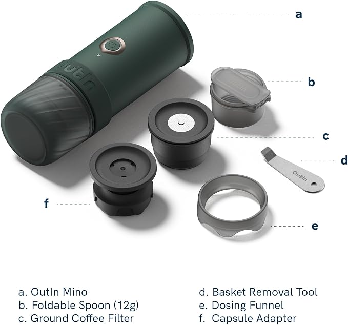 OutIn Mino Portable Electric Espresso Machine for Travel with Self-Heating | Mini Camping Coffee Maker, Pocket-Sized Coffee Machine, Ground Coffee & NS Capsule Adapter for Adventure, Tundra Brown