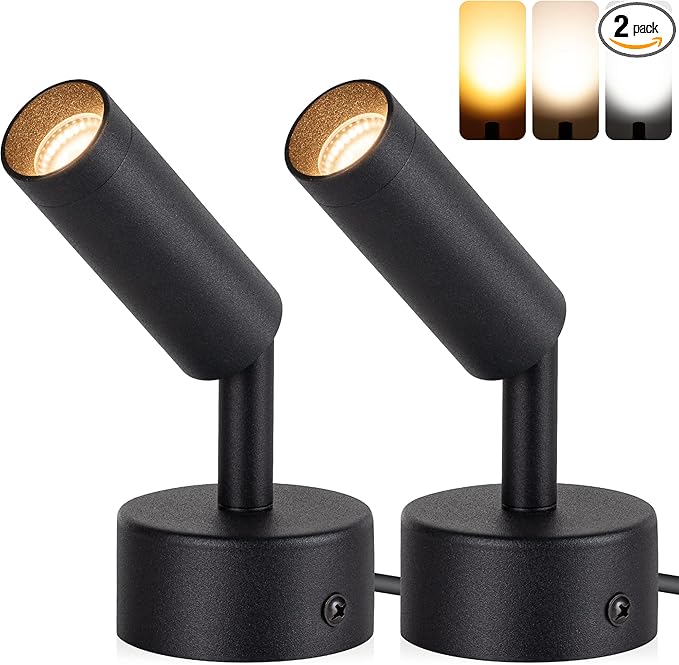 2 Pack Dimmable LED Uplights Indoor, 3000K/4000K/5000K Adjustable Spot Lights Indoor for Plants, Pictures, Artwork with 10 FT Plug Cord