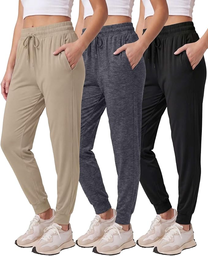 3 Pack Women's Lounge Joggers Sweatpant Active Athletic Yoga Workout Pocket | Available in Plus Size, Ladies Casual, Drawstring Gym Pants, Sleep Bottoms, Hiking, Running, Fitness, Exercise, Pajama, Soft