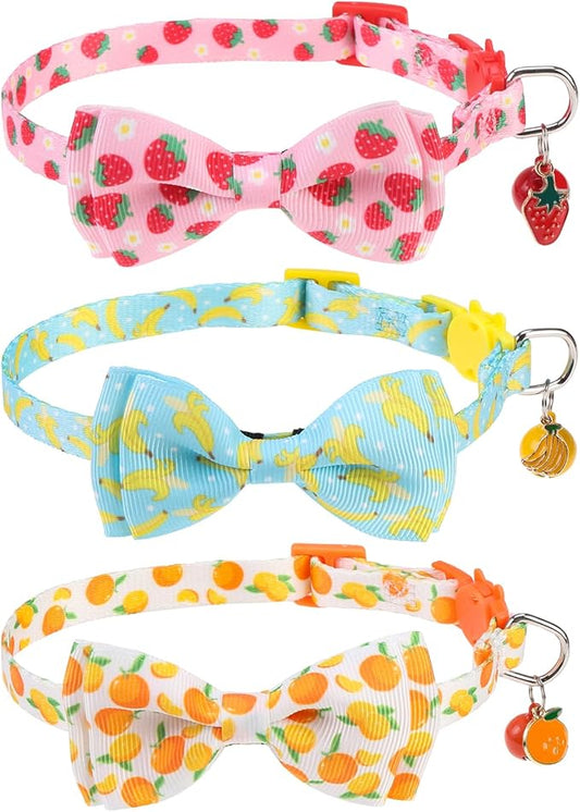 Breakaway Cat Collar with Removable Bow Tie and Bell, Cute Multi-Style Patterns, 3 Pack Safety Buckle Kitten Collars, Adjustable Pet Collar for Cats Puppy (Style B - Fruit)