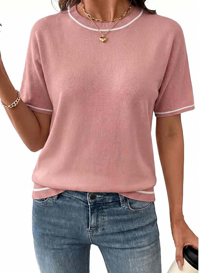 SHEWIN Womens Tops Trendy Short Sleeve Shirts Crewneck Lightweight Knit Sweater Top Business Casual Outfits