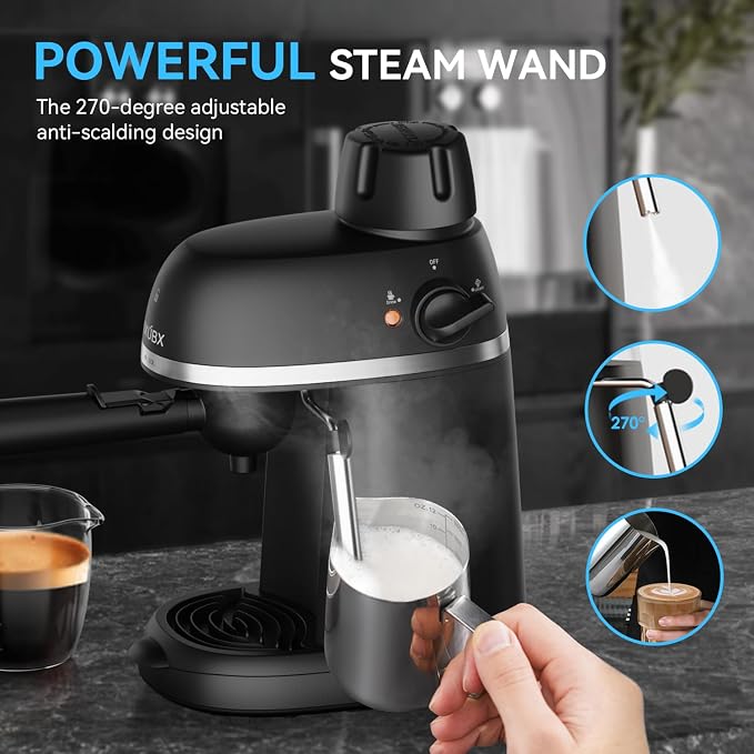 XIXUBX Compact Espresso & Cappuccino Machine, 3.5 Bar with Steam Wand | 800W Fast Heating, Safety Lock & Tritan Cup, One-Touch 4-Cup Brewing & Powerful Steam for Latte, Black for Home & Office