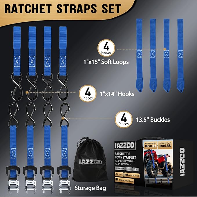 Ratchet Straps - Heavy Duty Tie Downs Straps - 1 Inch x 15 Feet 4 Pack - Safety S Hooks & Soft Loops, 1800LBS Break Strength for Men, Trucks Cargo Moving appliances Motorcycle ATV (Blue)