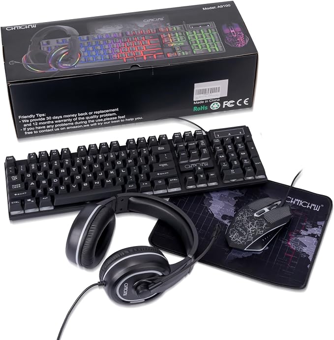 Gaming LED Keyboard Mouse Headset and Mousepad Bundle,Wired Rainbow | LED Light Up Gaming Keyboard Mouse Headset, Value 4 In 1 Game Set for Xbox PS4 PS5 PC Laptop Gamer