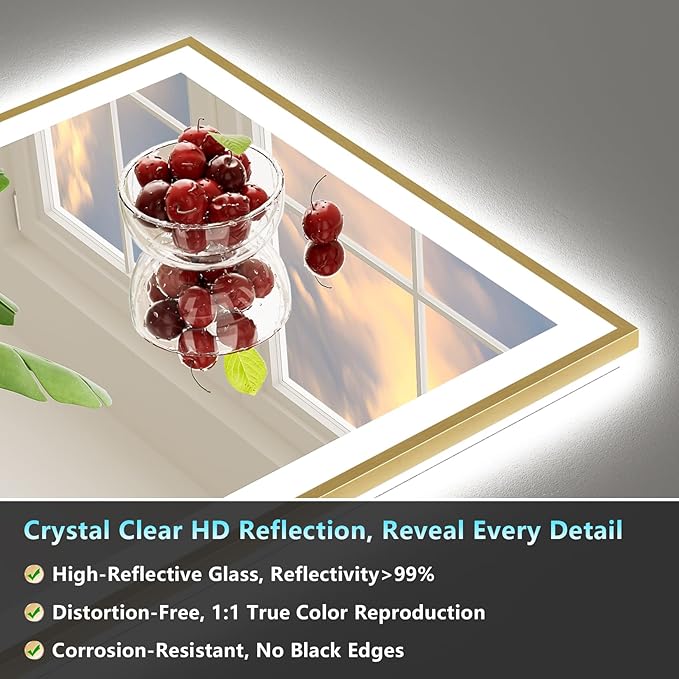 48x36 Gold LED Bathroom Mirror with Lights, Brushed Gold Framed Backlit and Front Lit Anti-Fog Lighted Vanity Mirrors for Bathroom Wall, Dimmable, 3 Colors, Memory, HD Tempered Glass, CRI＞90