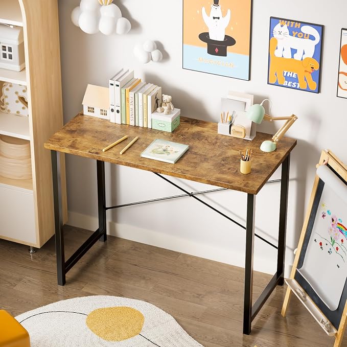 Sweetcrispy 32-Inch Small Computer Desk for Bedroom, Brown | Gaming Writing Work and Study Desk for Home Office, Sturdy Metal Frame and Compact Modern Design with X-Shaped