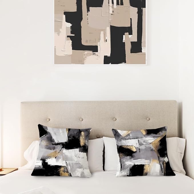 Black and White Pillow Covers, Abstract White Black and Gold Pillow Covers 20x20 Set of 2, Modern Black and White Pillow Covers for Couch Bed Living Room