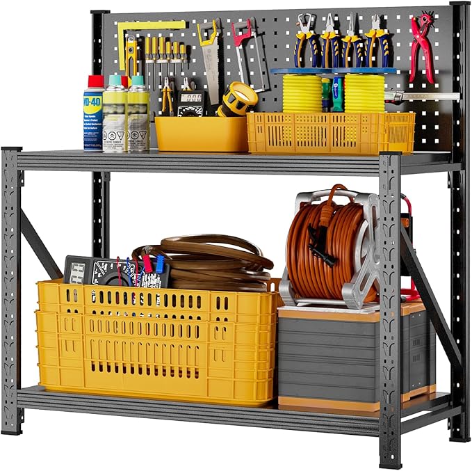 Set of 2 Widened Heavy Duty Workbench with Pegboard, 3000LBS Capacity Work Table with Reinforce Stable Side Beams, Metal Workstation for Garage Warehouse Workshop Office