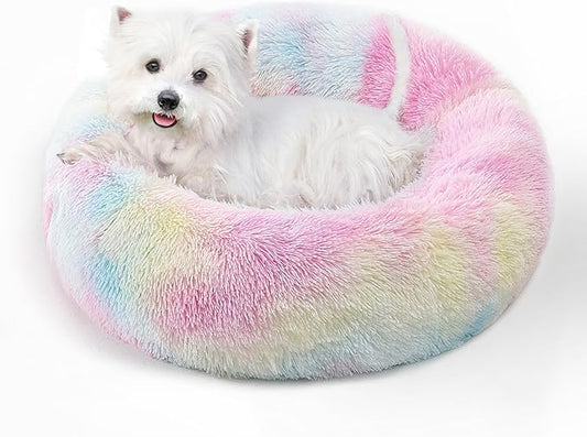 Calming Dog Bed & Cat Bed with Anti-Slip Bottom, Medium Size Washable Anti-Anxiety Donut Dog Beds for Small Dogs & Cats, Fluffy Plush Cozy Round Dog Bed(24 Inch, Rainbow)