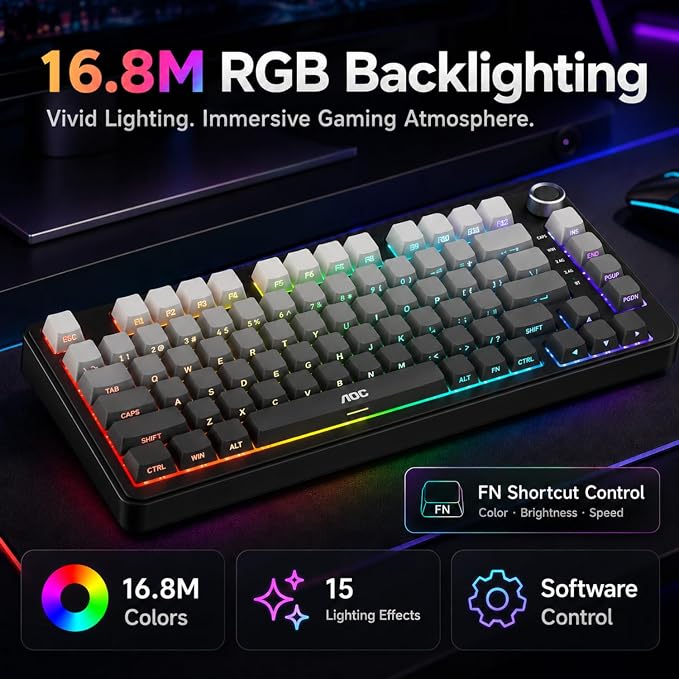 AOC GK330 75% Wireless Mechanical Gaming Keyboard, Hot-Swappable 3-Mode RGB | BT/2.4GHz/USB-C Connectivity, Pre-Lubed Reaper Switches, Anti-Ghosting, Gasket Mount and 5-Layer Sound-Dampening Padding