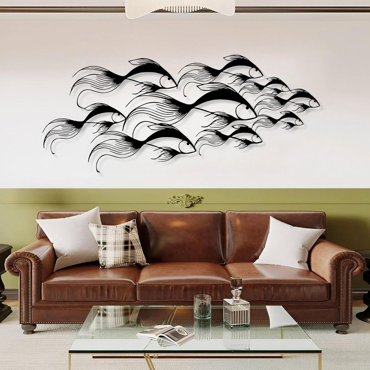 School of Fish Metal Wall Art, Metal Fish Wall Decor, Sea Life Wall Art, Large Nautical Wall Hanging, Modern Beach House Wall Decor, Ocean Themed Artwork for Bathroom (White, 30"x12" | 76x32cm)