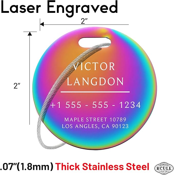 Stainless Luggage Tags for Suitcases 4 Pack: Metal Personalized Luggage Tags for Backpacks & Bags with Customizable Texts (Rainbow)