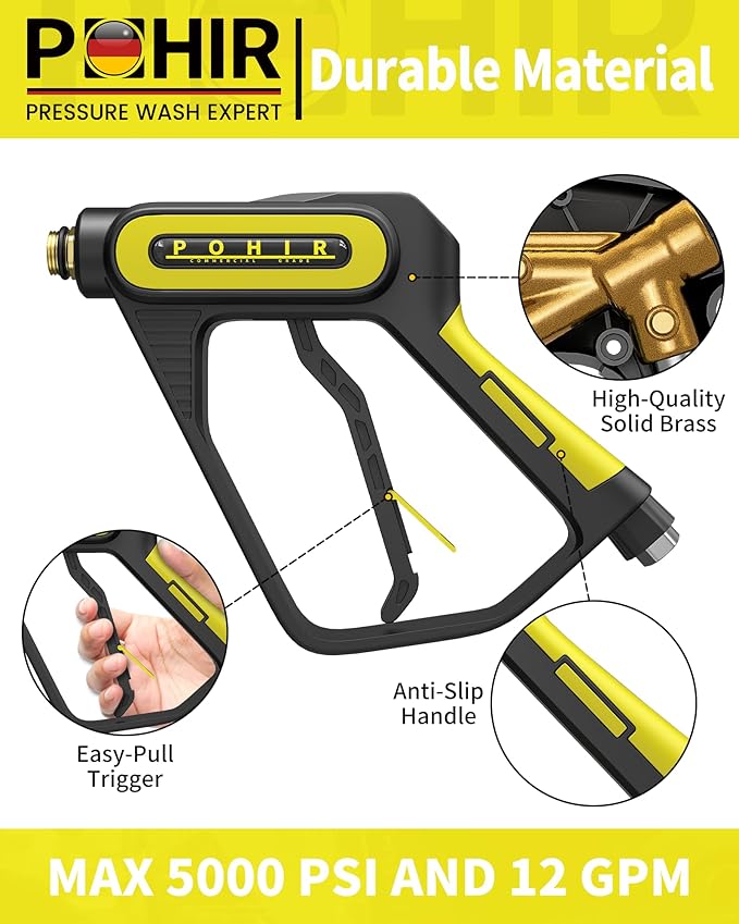 POHIR 5000PSI Pressure Washer Gun, 40 Inch Adjustable Length with 3/8" Swivel Plug & M22-14/15mm Fitting & 5 Nozzle Tips, Power Washing Gun with Wand Extension (5000psi Gun)