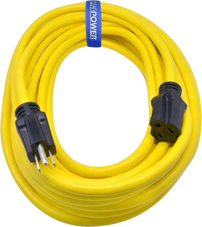 Clear Power 50 ft 12/3 SJTW Heavy Duty Outdoor Extension Cord, Water & Weather Resistant, Flame Retardant, Yellow, 3 Prong Grounded Plug, CP10145