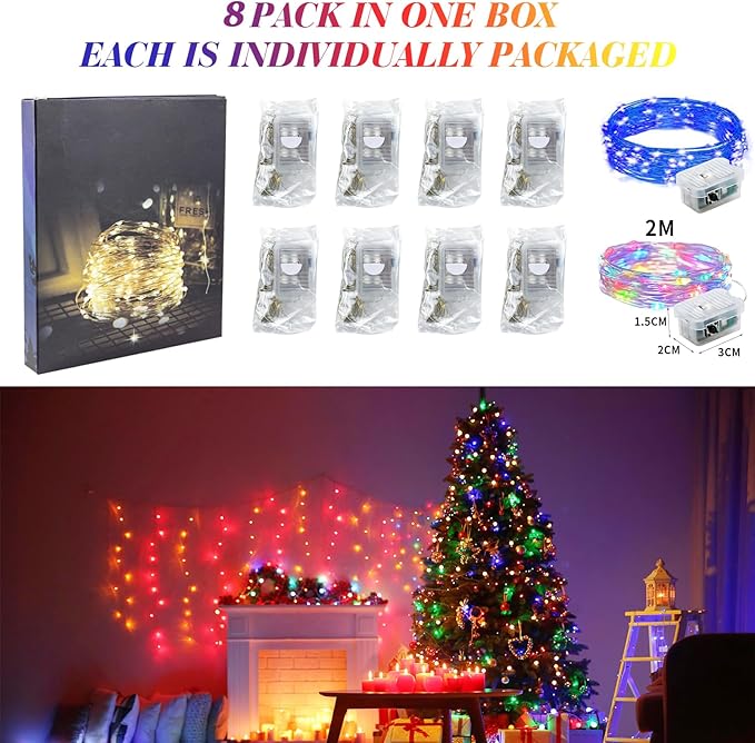 ZGWJ 8 Pack Fairy Lights Battery Operated, 7ft 20 Mini LED Fairy String Lights Silver Wire 3 Modes for DIY, Parties, Wedding, Bedroom, Halloween Christmas Decoration Colorful and Blue