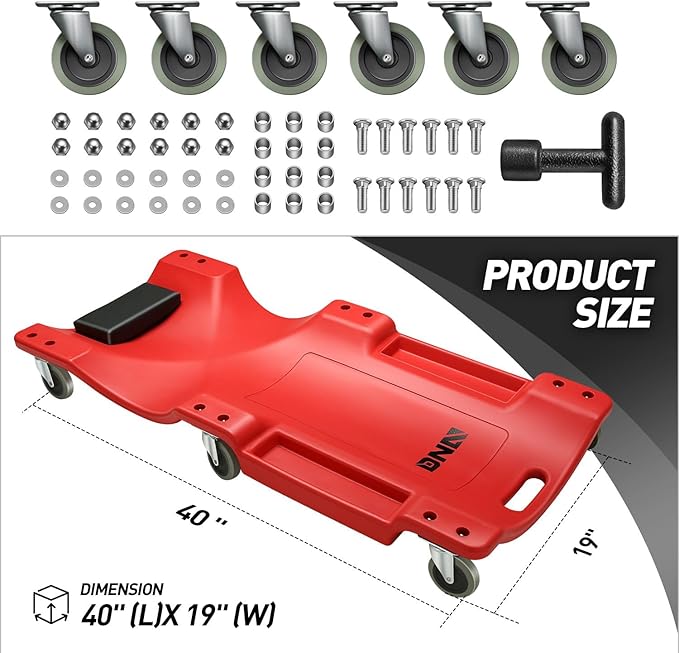 DNA MOTORING 40 Inch Mechanic Creeper, Blow Molded Low Profile Rolling Garage Creeper, w/Padded Headrest, Dual Tool Trays, 350lbs Capacity, Red, TOOLS-00005