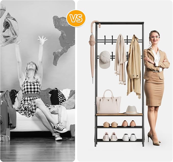 Coat Rack, 4-in-1 Hall Tree, Entryway Shoe Bench Coat Standwith Metal Frame, 3-Tier Shelf and 10 Hooks for Entryway,Hallway, Bedroom