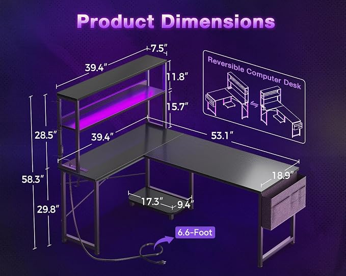ODK 53" L Shaped Gaming Desk with Shelves, LED & Outlets, Black | Hook for headset, bag for gear. Shelves for books & supplies. LED for gaming nights. Reversible. Home office computer desk.