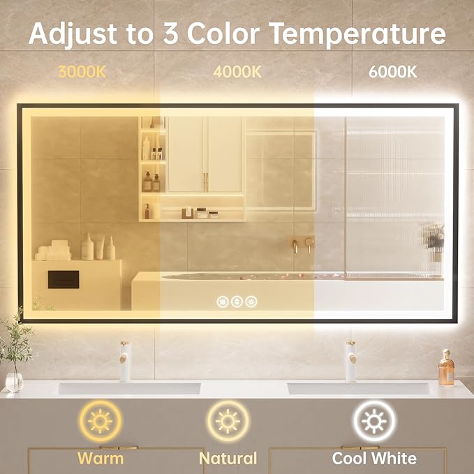 60x30 LED Bathroom Mirror with Lights, Black Aluminum Framed, Backlit + Front Lit, Lighted Bathroom Vanity Mirror for Wall, Anti-Fog, Memory Function, Dimmable, Shatterproof ETL Listed