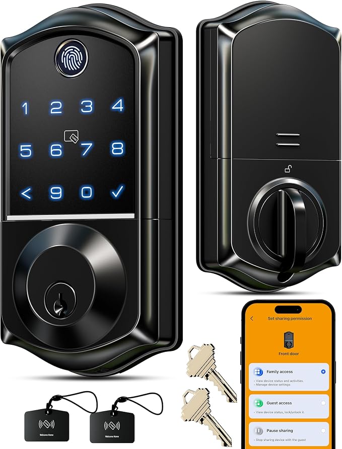 Veise VE017 Fingerprint Smart Door Lock, App Control, 8-in-1 Keyless Entry, Auto Lock, Emergency Power Port, Electronic Touchscreen Keypad, Biometric Smart Locks for Front Door, Matte Black