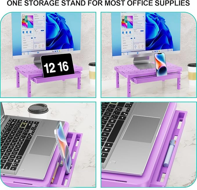 WALI Computer Monitor Stand with Storage, Desk Monitor Riser 3 Height Adjustable, Laptop Riser with Airflow Vents, Desk Organizer for Computer, Laptop, Printer (PTT002-V), 1 Pack, Violet