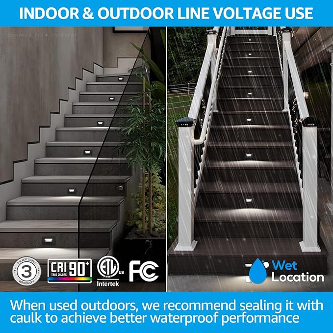 LEONLITE Black 5CCT 120V LED Step Lights, 3.5W 150LM 5%-100% Dimmable Horizontal Stair Lights Indoor Outdoor Wet Location, CRI90+ & ETL, 2700K/3000K/3500K/4000K/5000K, Aluminum, Pack of 3
